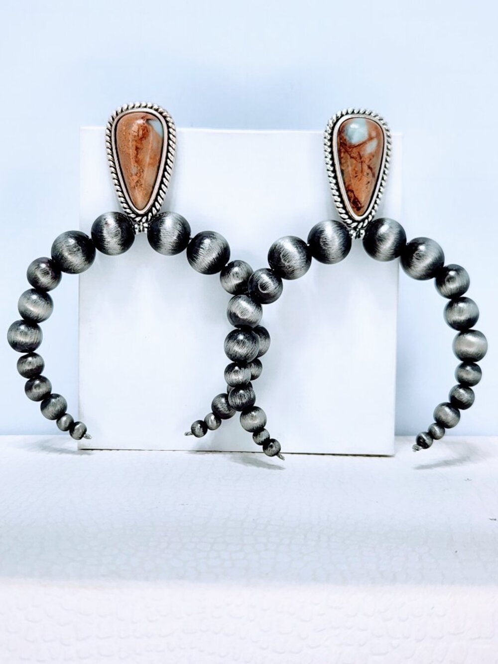 Southwestern Silvertone Navajo Pearl Hoop Earrings with Jasper Stone - Picture 2 of 3